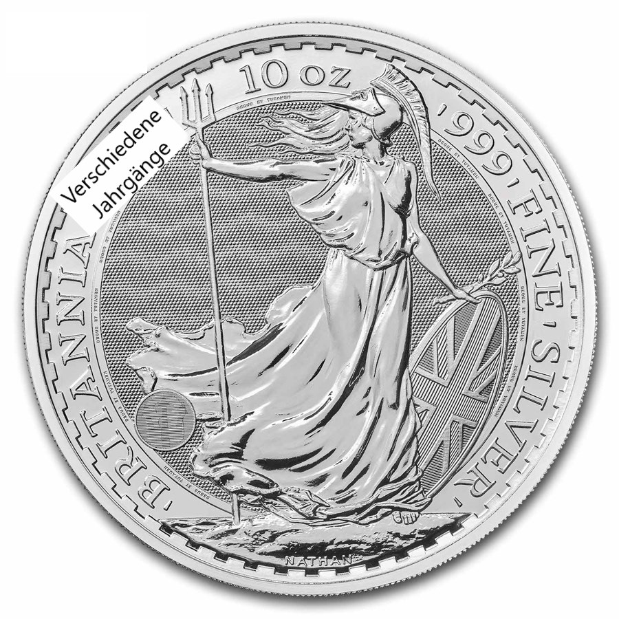 10 Unzen Britannia Silber, verschiedene Jahrgänge